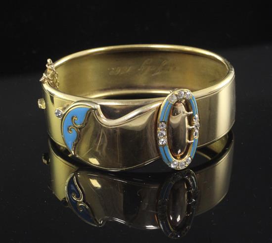 A Victorian gold, blue enamel and old cut diamond set hinged buckle bracelet,